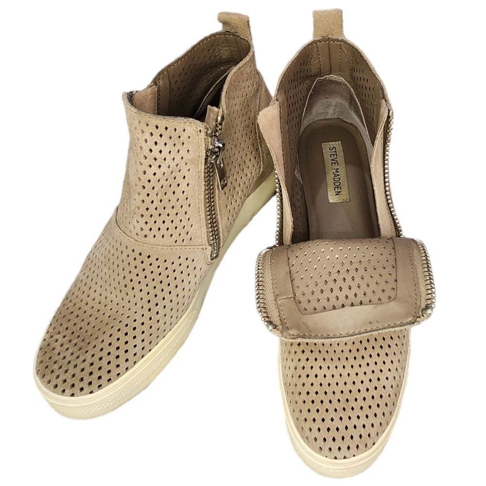 Steve Madden Women's Wedgie-P Brown Perforated Leather Side Zip Sneakers 9